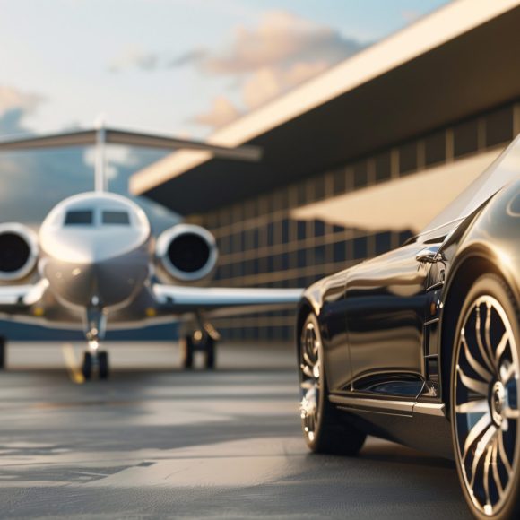 private jet plane on the ground and luxury car for rich person